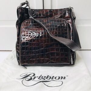 Price firm BRIGHTON COLLECTIBLES Brown Glossy Leather Croc Leather Shoulder Bag